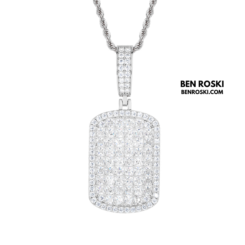 Iced Moissanite Rectangular Pendant Sterling Silver, Gold or Rose Gold Plated | VVS Moissanite | GRA Certified