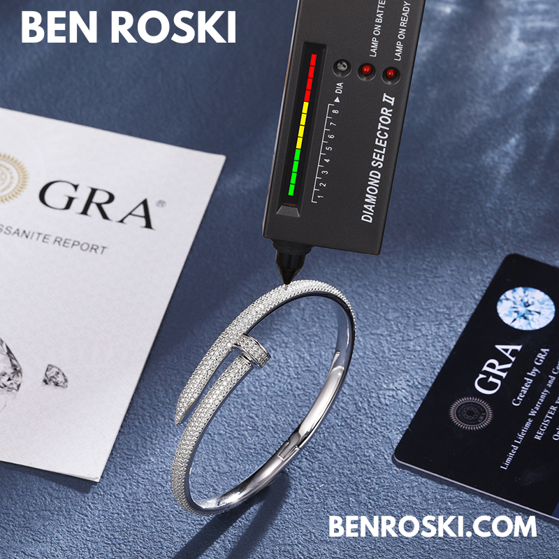 Nail Moissanite Bangle Sterling Silver, Gold Plated & Rose Gold Plated over 925 Silver | GRA Certified