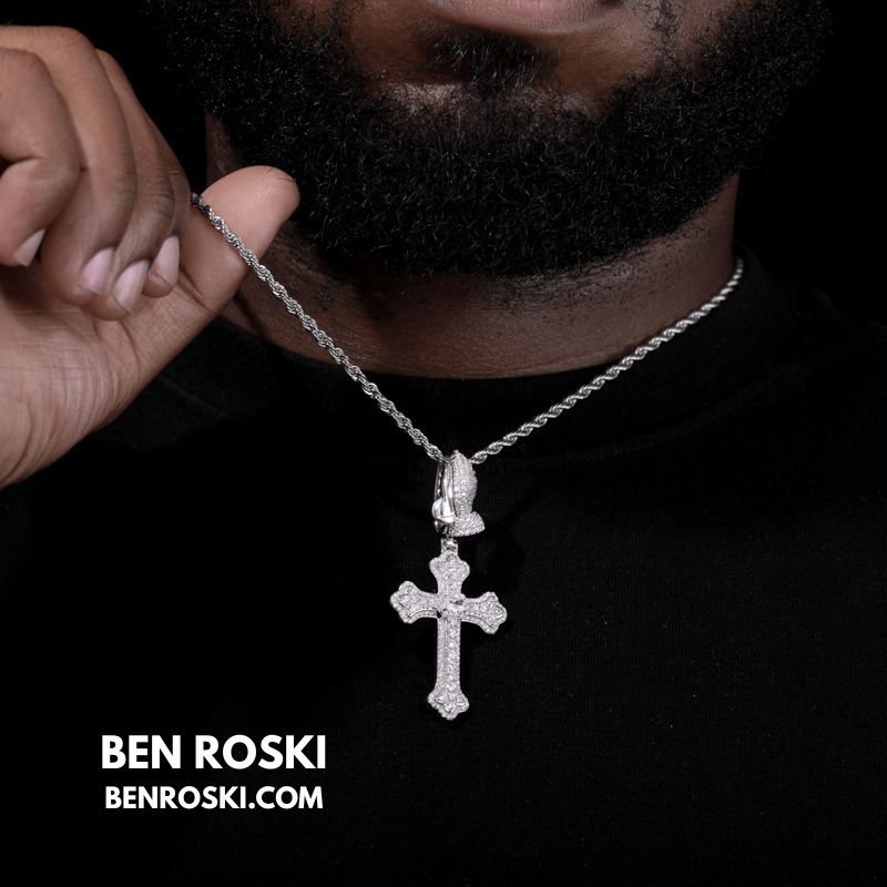 Moissanite Cross Pendant with Praying Hands Bail Sterling Silver, Gold, or Rose Gold | VVS Moissanite | GRA Certified