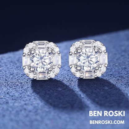 Baguette Halo Stud Earrings Sterling Silver or Gold/Rose Gold Plated | VVS Moissanites | GRA Certified