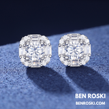 Baguette Halo Stud Earrings Sterling Silver or Gold/Rose Gold Plated | VVS Moissanites | GRA Certified