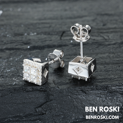 Square Cluster Stud Earrings Sterling Silver, Gold or Rose Gold Plated | 5A Moissanite Stones