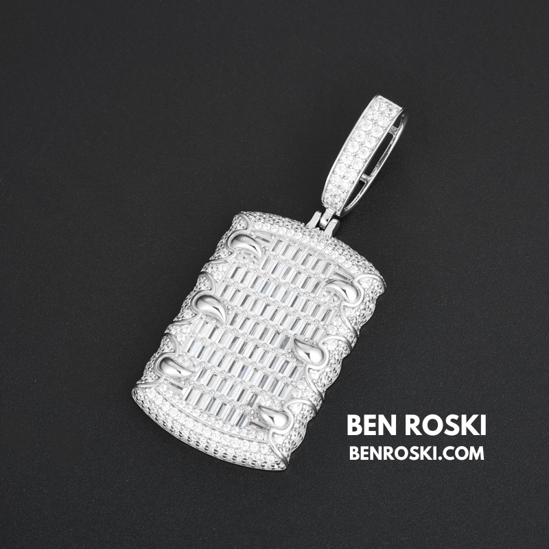 Baguette Dog Tag Pendant Sterling Silver, Gold & Rose Gold | VVS Moissanite | GRA Certified