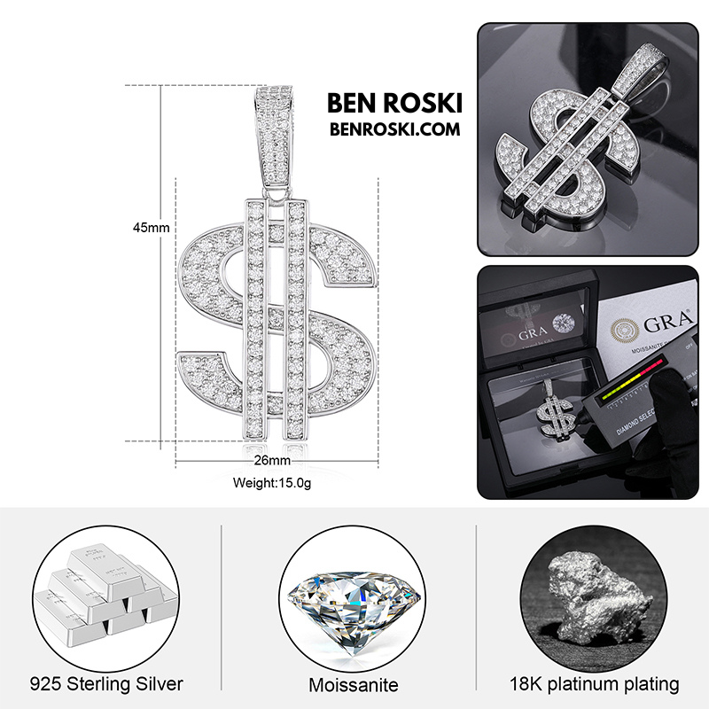 Moissanite Dollar Sign Pendant Sterling Silver or Gold/Rose Gold Plated | VVS Moissanite | GRA Certified
