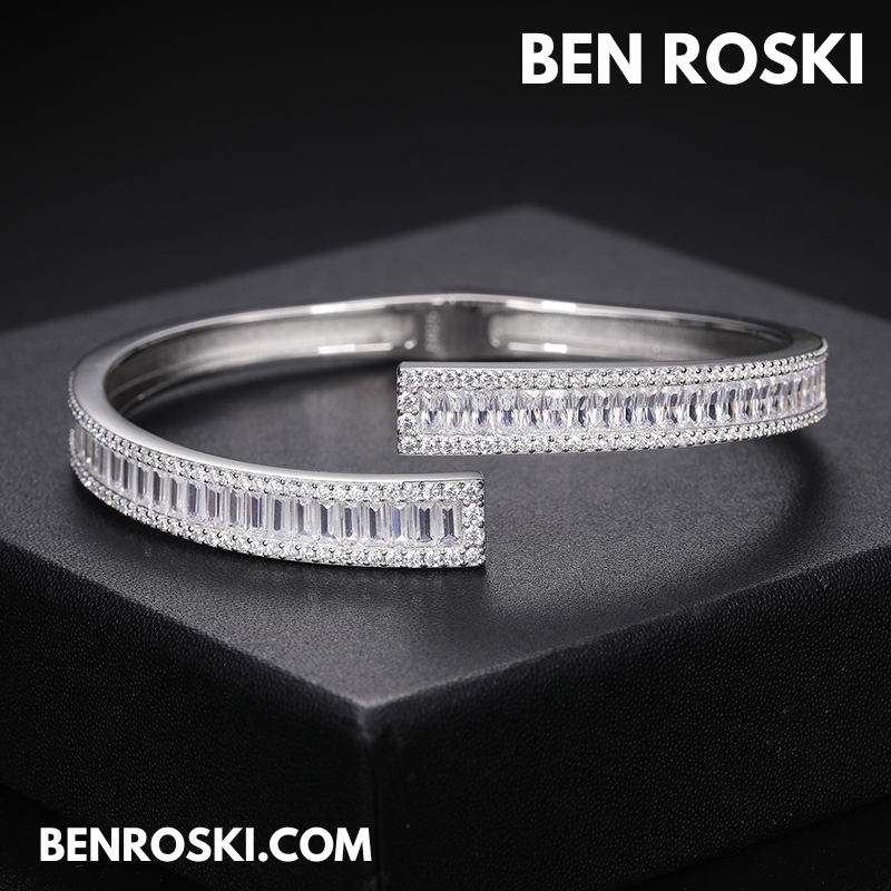8MM Moissanite Baguette Bangle Sterling Silver, Gold Plated & Rose Gold Plated over 925 Sterling Silver | GRA Certified