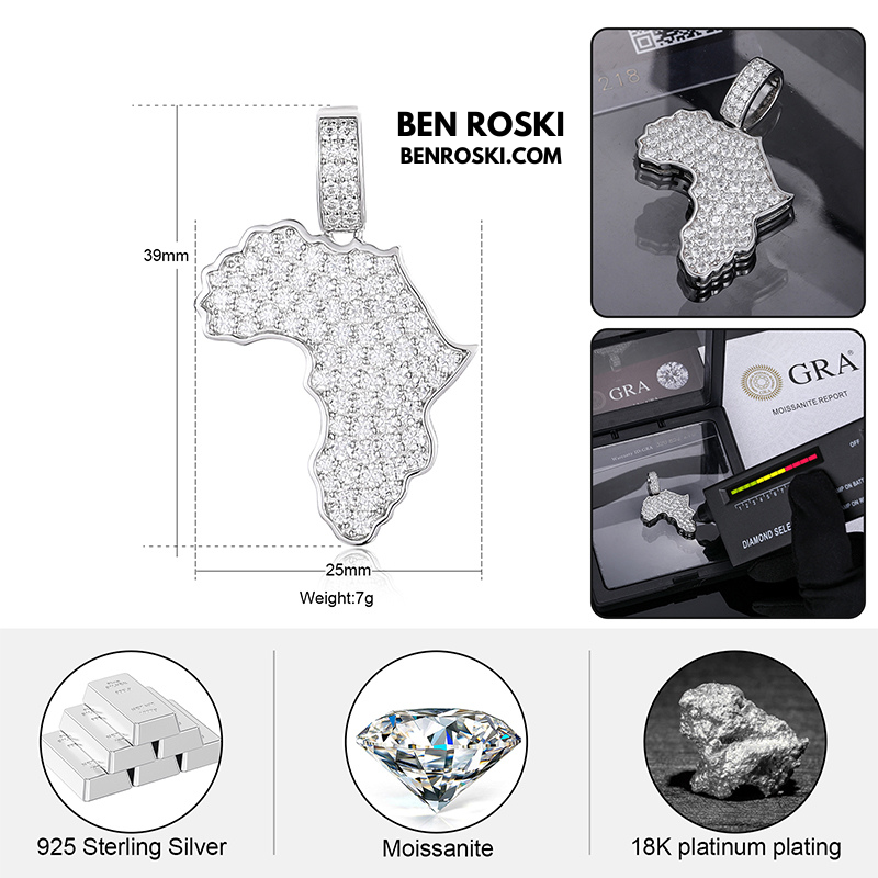 Africa Map Moissanite Pendant Sterling Silver or Gold/Rose Gold Plated | VVS Moissanite | GRA Certified