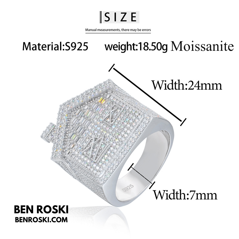 Iced-Out Roman Numeral Mansion Ring Sterling Silver or Gold/Rose Gold Plated | VVS Moissanite | GRA Certified