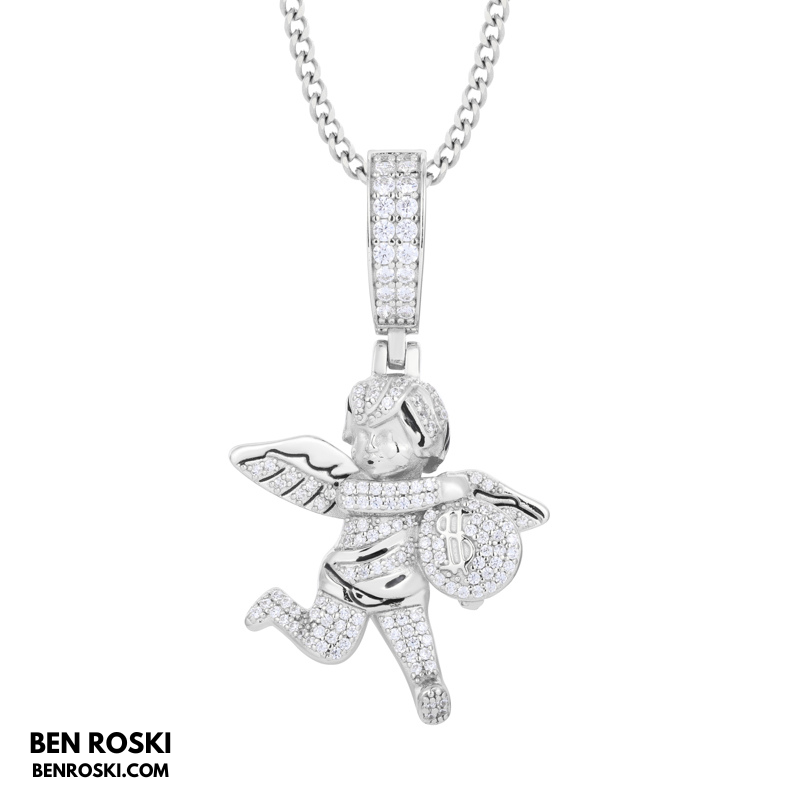 Angel Money Bag Pendant Sterling Silver or Gold & Rose Gold Plated | VVS Moissanite | GRA Certified