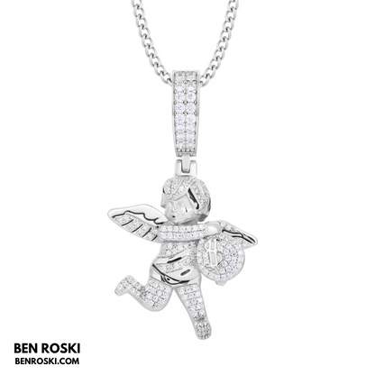 Angel Money Bag Pendant Sterling Silver or Gold & Rose Gold Plated | VVS Moissanite | GRA Certified