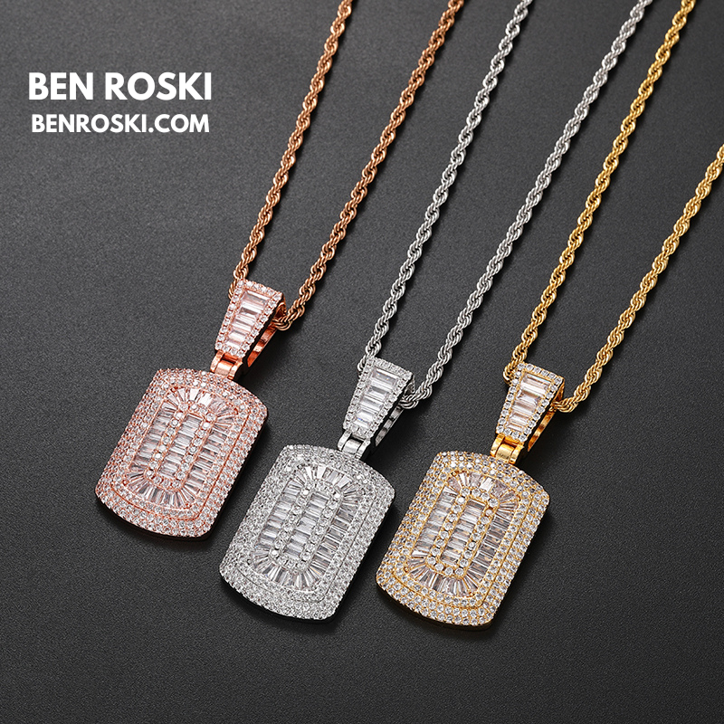 Baguette Cluster Dog Tag Pendant Sterling Silver, Gold & Rose Gold | VVS Moissanite | GRA Certified