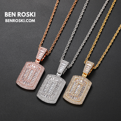 Baguette Cluster Dog Tag Pendant Sterling Silver, Gold & Rose Gold | VVS Moissanite | GRA Certified