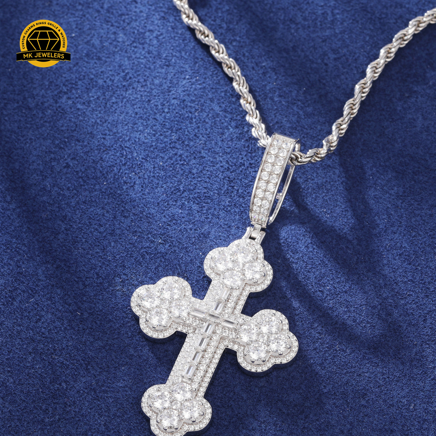 Moissanite Round Cluster Cross Pendant – 65MM | 15.2g | S925 Silver, Gold, or Rose Gold | VVS Moissanite | GRA Certified