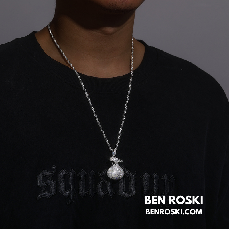 Money Bag Pendant Sterling Silver, Gold  & Rose Gold Plated | VVS Moissanite | GRA Certified