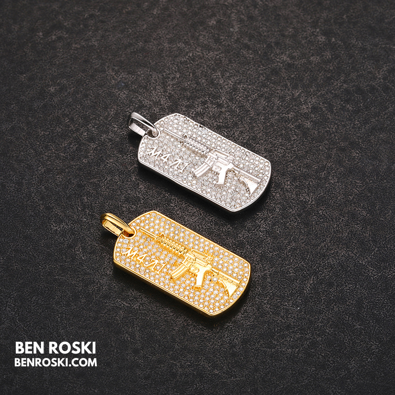 M4 Rifle Dog Tag Pendant Sterling Silver or Gold & Rose Gold Plated | VVS Moissanite | GRA Certified