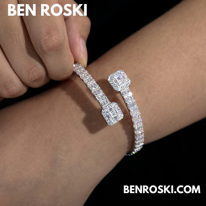 Baguette Moissanite Open Bangle – 7/8-Inch | 5.5MM | Silver, Gold Plated & Rose Gold Plated over 925 Silver | GRA Certified