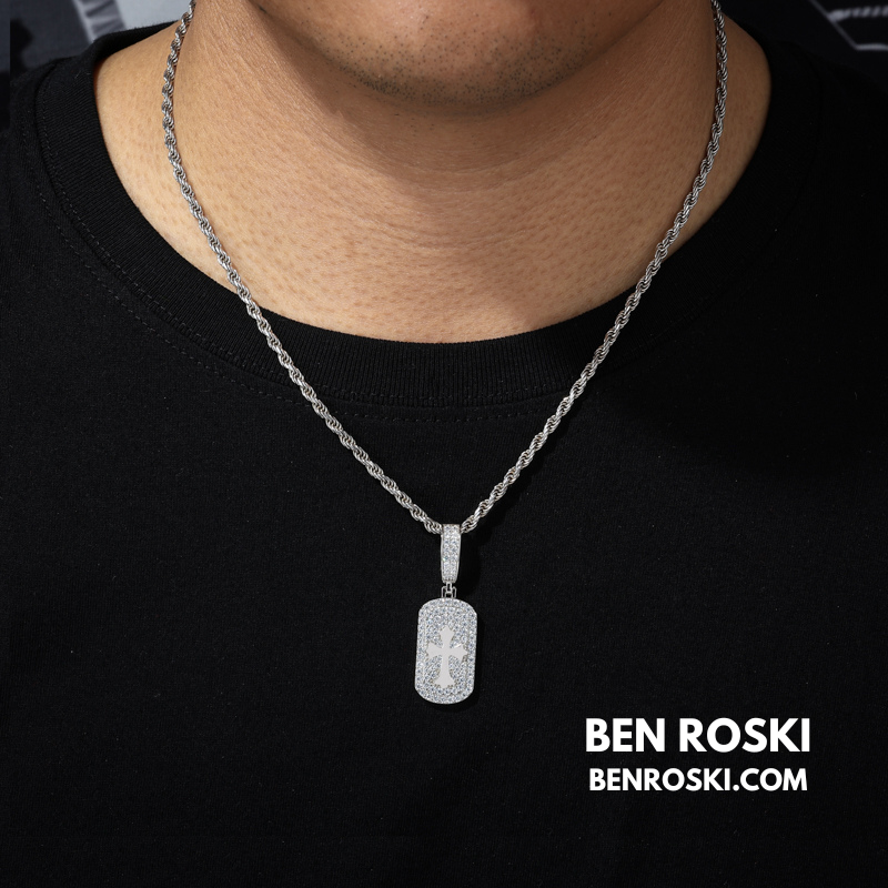 Iced Cross Dog Tag Pendant Sterling Silver, Gold & Rose Gold | VVS Moissanite | GRA Certified