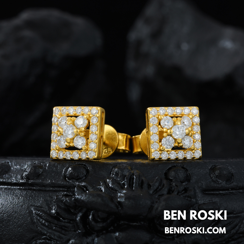 Square Cluster Stud Earrings Sterling Silver, Gold & Rose Gold Plated | VVS Moissanite | GRA Certified