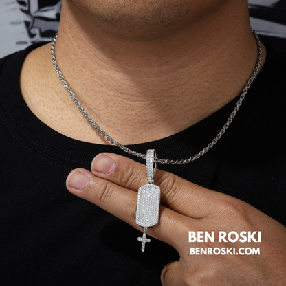 Iced Dog Tag Pendant with Cross Sterling Silver, Gold, or Rose Gold | VVS Moissanite | GRA Certified