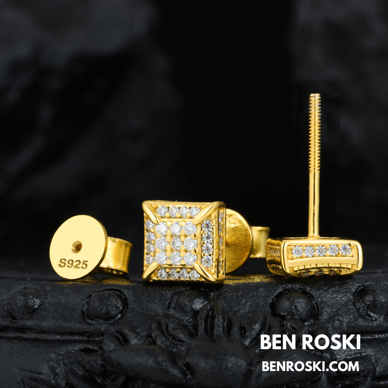 Square Micro-Pavé Stud Earrings Sterling Silver, Gold & Rose Gold Plated | VVS Moissanite | GRA Certified