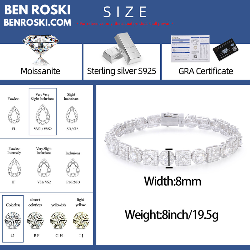 8MM Moissanite Bracelet – Round & Square Link Design | 7" / 8" | Silver, Gold, or Rose Gold | GRA Certified