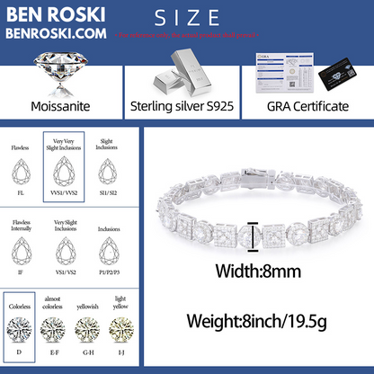 8MM Moissanite Bracelet – Round & Square Link Design | 7" / 8" | Silver, Gold, or Rose Gold | GRA Certified