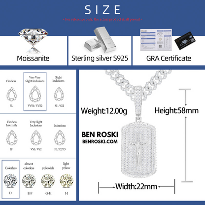 Crucifix Dog Tag Pendant Sterling Silver, Gold & Rose Gold | VVS Moissanite | GRA Certified