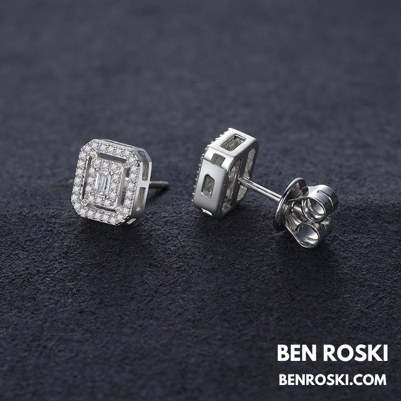 Emerald Halo Stud Earrings Sterling Silver, Gold & Rose Gold | VVS Moissanite | GRA Certified