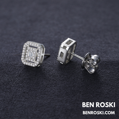 Emerald Halo Stud Earrings Sterling Silver, Gold & Rose Gold | VVS Moissanite | GRA Certified