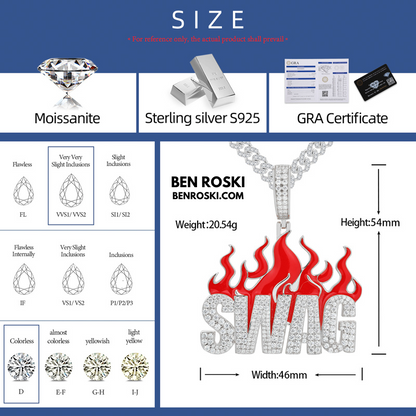 SWAG Flame Pendant Sterling Silver or Gold/Rose Gold Plated | VVS Moissanite | GRA Certified