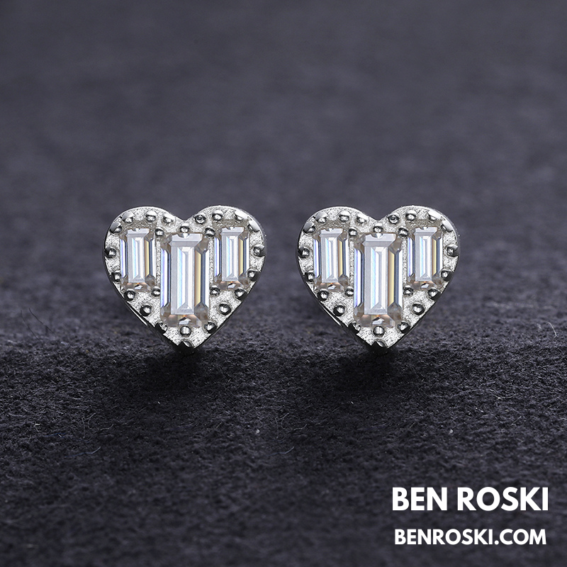 Heart Baguette Stud Earrings Sterling Silver, Gold, or Rose Gold | VVS Moissanite | GRA Certified