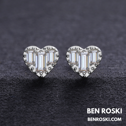 Heart Baguette Stud Earrings Sterling Silver, Gold, or Rose Gold | VVS Moissanite | GRA Certified