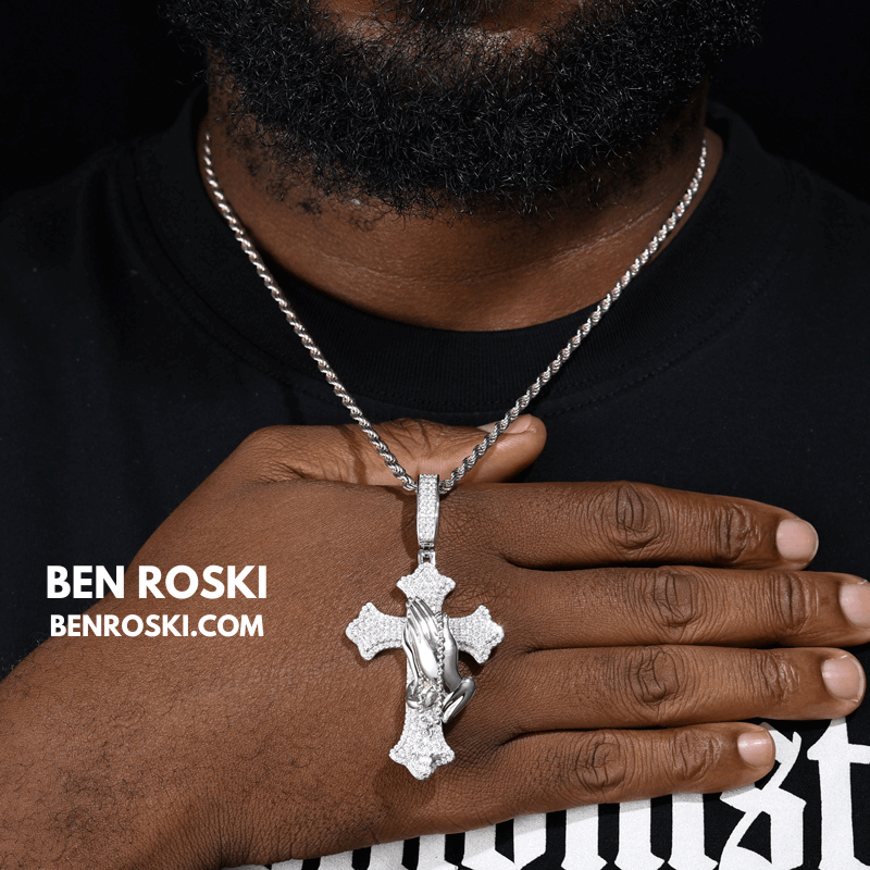 Praying Hands Cross Pendant – 71MM Height | VVS1 Moissanite | GRA Certified