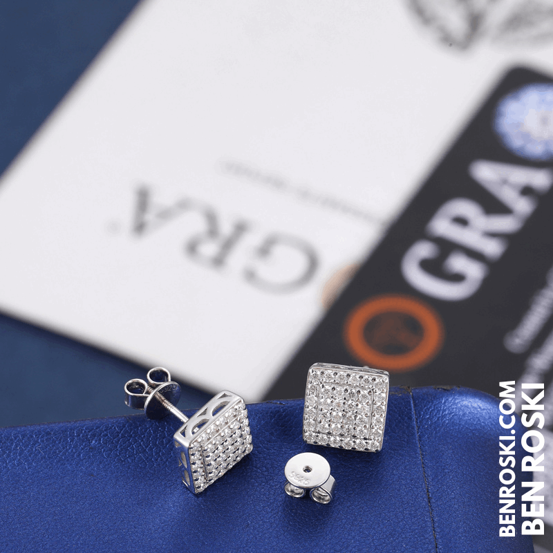 Square Cluster Stud Earrings Sterling Silver, Gold, or Rose Gold | VVS Moissanite | GRA Certified