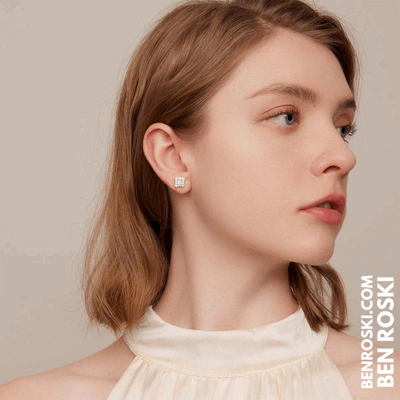 Square Cluster Stud Earrings Sterling Silver, Gold & Rose Gold Plated | VVS Moissanite | GRA Certified