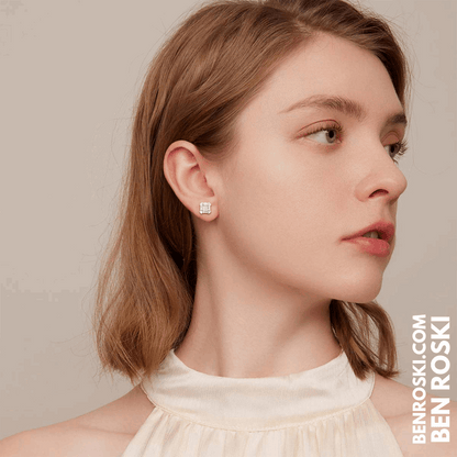 Square Cluster Stud Earrings Sterling Silver, Gold & Rose Gold Plated | VVS Moissanite | GRA Certified