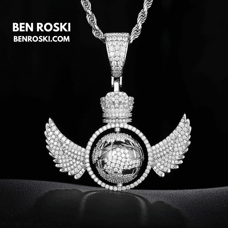 Globe Wings Moissanite Pendant – 44MM Height | VVS1 Moissanite | GRA Certified