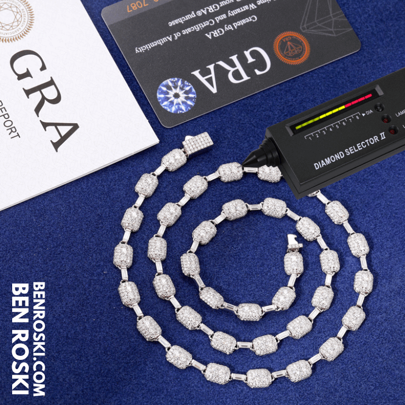 7MM Moissanite Cushion Link Chain Necklace – 22 Inch Sterling Silver, Gold, or Rose Gold | VVS D Color Stones | GRA Certified