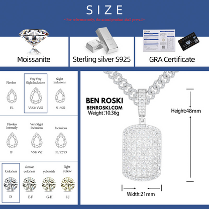 Iced Moissanite Rectangular Pendant Sterling Silver, Gold or Rose Gold Plated | VVS Moissanite | GRA Certified