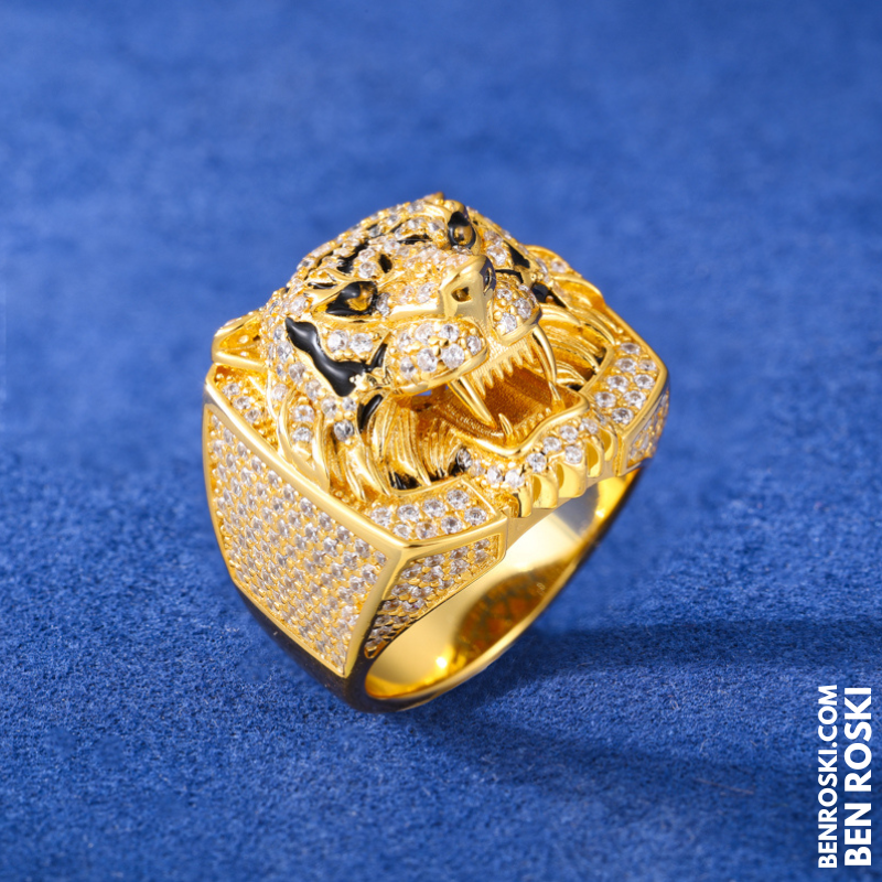 Iced-Out Tiger Head Ring Sterling Silver, Gold & Rose Gold | VVS Moissanite | GRA Certified