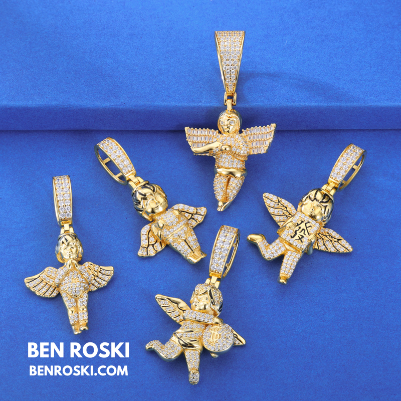 Angel Money Bag Pendant Sterling Silver or Gold & Rose Gold Plated | VVS Moissanite | GRA Certified