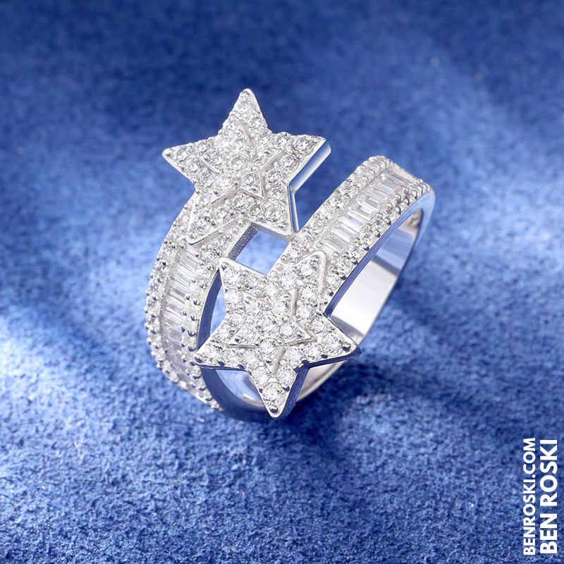 Double Star Moissanite Ring Sterling Silver, Gold & Rose Gold | VVS Moissanite | GRA Certified