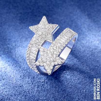 Double Star Moissanite Ring Sterling Silver, Gold & Rose Gold | VVS Moissanite | GRA Certified