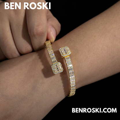 Baguette Moissanite Open Bangle – 7/8-Inch | 5.5MM | Silver, Gold Plated & Rose Gold Plated over 925 Silver | GRA Certified