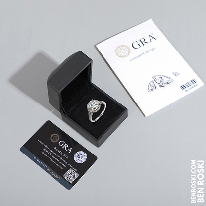 3CT Moissanite Halo Engagement Ring Sterling Silver, Gold & Rose Gold | GRA Certified