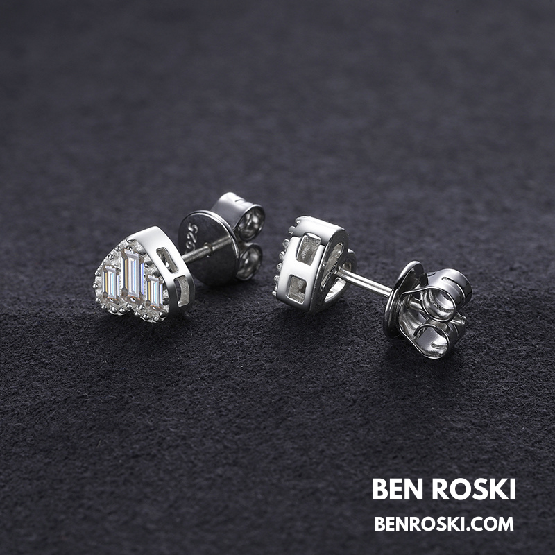 Heart Baguette Stud Earrings Sterling Silver, Gold, or Rose Gold | VVS Moissanite | GRA Certified