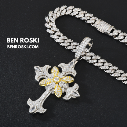Floral Cross Pendant Sterling Silver, Gold & Rose Gold | VVS Moissanite | GRA Certified