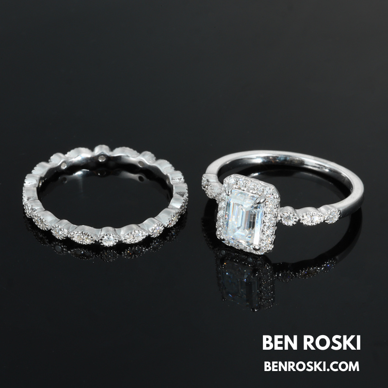 Emerald Cut Halo Moissanite Engagement Ring Sterling Silver, Gold, or Rose Gold | VVS1 Moissanite | GRA Certified