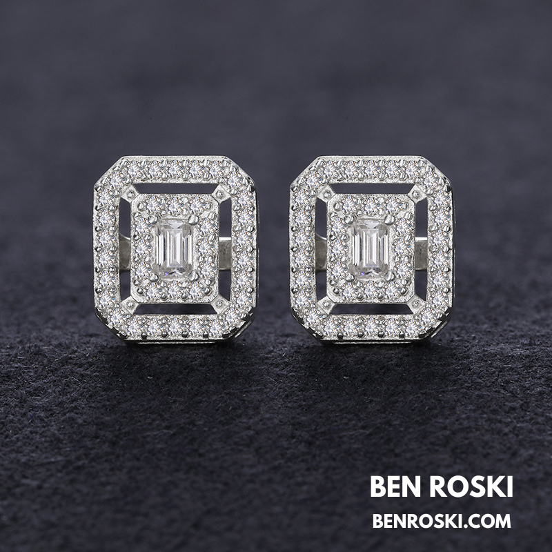 Emerald Halo Stud Earrings Sterling Silver, Gold & Rose Gold | VVS Moissanite | GRA Certified