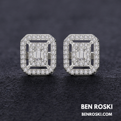 Emerald Halo Stud Earrings Sterling Silver, Gold & Rose Gold | VVS Moissanite | GRA Certified