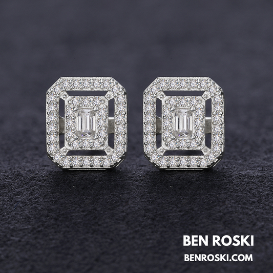 Emerald Halo Stud Earrings Sterling Silver, Gold & Rose Gold | VVS Moissanite | GRA Certified